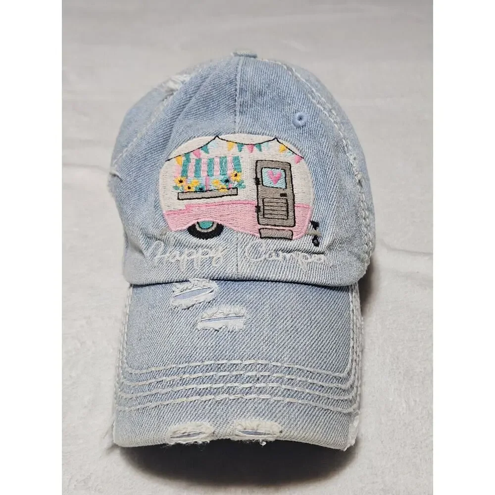 Kbethos Vintage Happy Camper Baseball Cap Hat Denim Distressed Embroidered EUC w - Picture 1 of 8